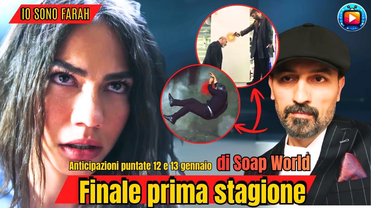 Farah in primo piano, capelli bagnati e sguardo atterrito, accanto a un uomo con coppola nera e abito gessato; in due riquadri un uomo spara a bruciapelo a un altro e un uomo cade all'indietro