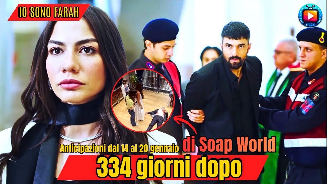Farah in primo piano, elegante e con lo sguardo fermo, e Tahir in giacca scura scortato da due agenti nel corridoio del tribunale