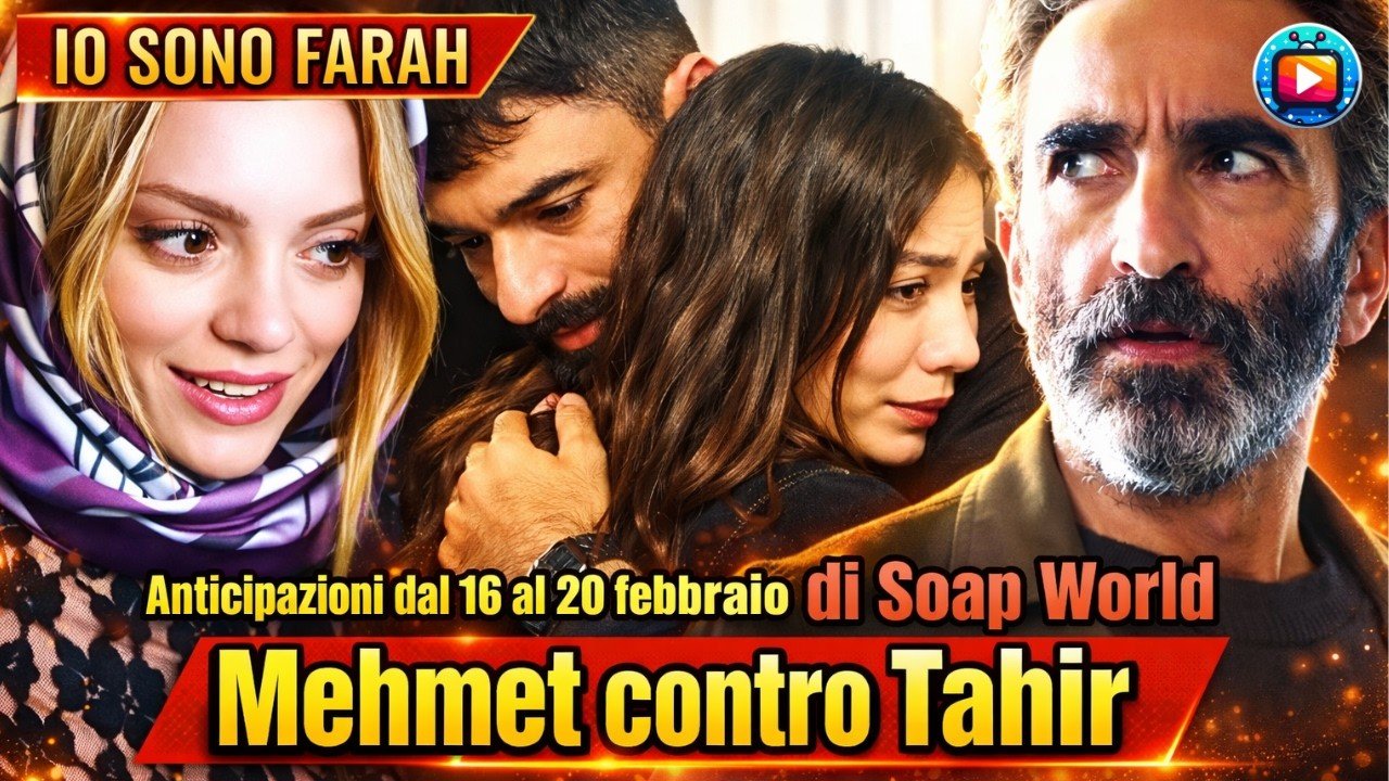 Merjan sorride con il foulard in testa; accanto, Tahir stringe da dietro Farah che ha gli occhi lucidi e gli tiene la mano; a destra Mehmet, barba grigia, guarda di lato con aria tesa.