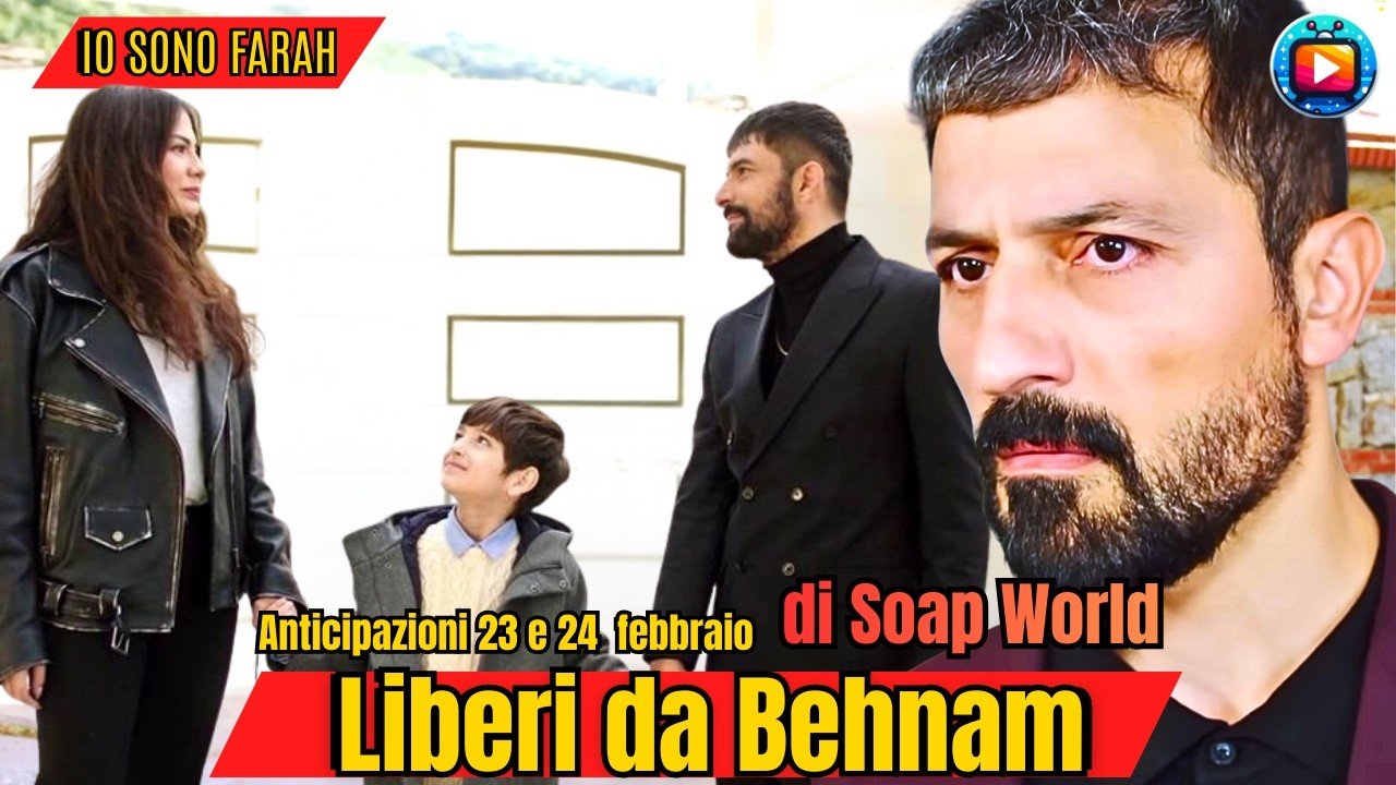 Farah in giubbotto di pelle nera tiene per mano Kerimsah davanti a un muro chiaro, accanto a loro Tahir in abito scuro; a destra il primo piano teso di Behnam