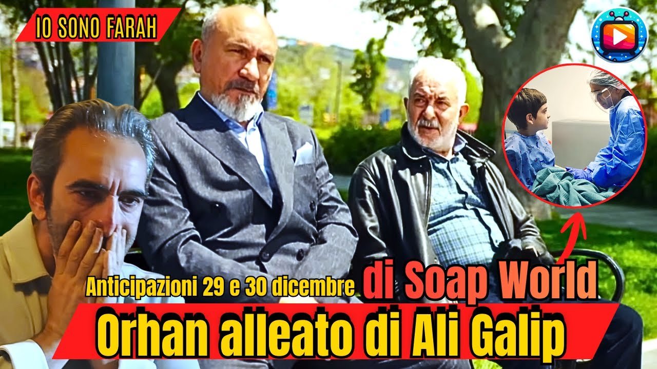 Ali Galip e Orhan seduti l'uno accanto all'altro su una panchina in un parco alberato; a sinistra Mehmet si copre la bocca con le mani con aria sconvolta, e in un riquadro tondo Kerimsah e nel letto d'ospedale accanto a un'infermiera in camice azzurro