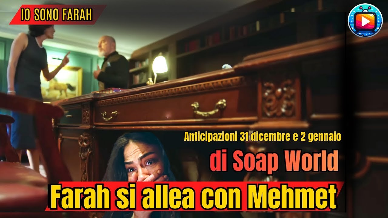 Farah accovacciata sotto la scrivania dello studio, la mano premuta sulla bocca e gli occhi pieni di lacrime, mentre alle sue spalle Vera punta il dito contro Ali Galip