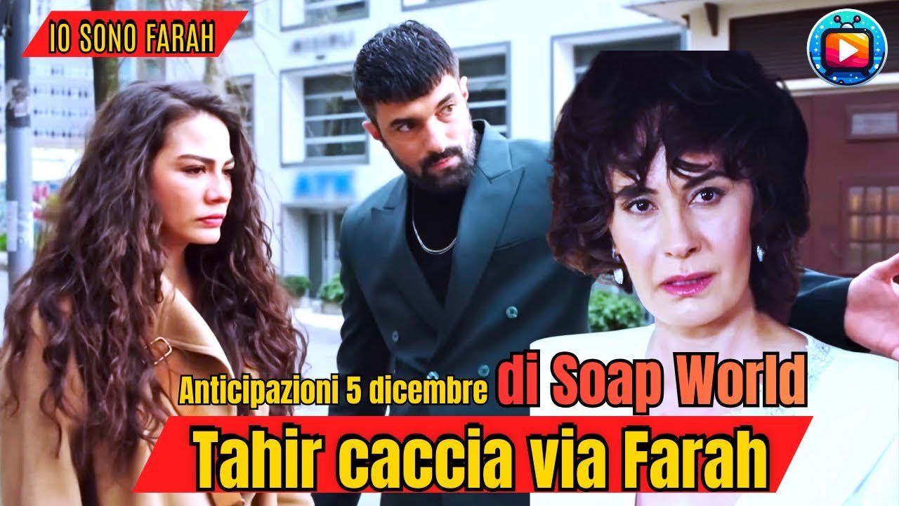 Farah con il cappotto chiaro guarda in basso con aria affranta, alle sue spalle Tahir in abito verde scuro la fissa, e in primo piano a destra Vera, con il caschetto scuro riccio e un abito azzurro, ha un'espressione tesa; sullo sfondo un edificio bianco lungo la strada