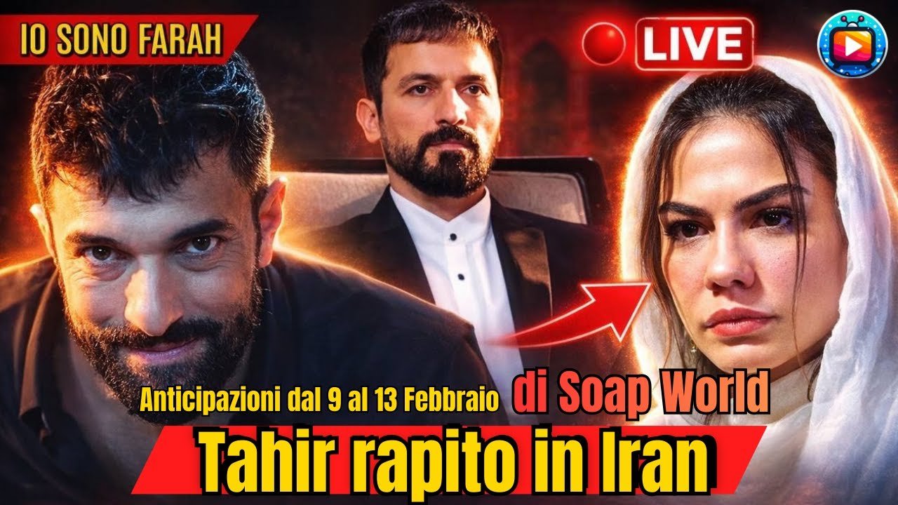 Tahir di profilo con lo sguardo teso, Behnam in abito scuro seduto sul sedile di un'auto e Farah con il velo bianco e gli occhi lucidi, su fondo rosso
