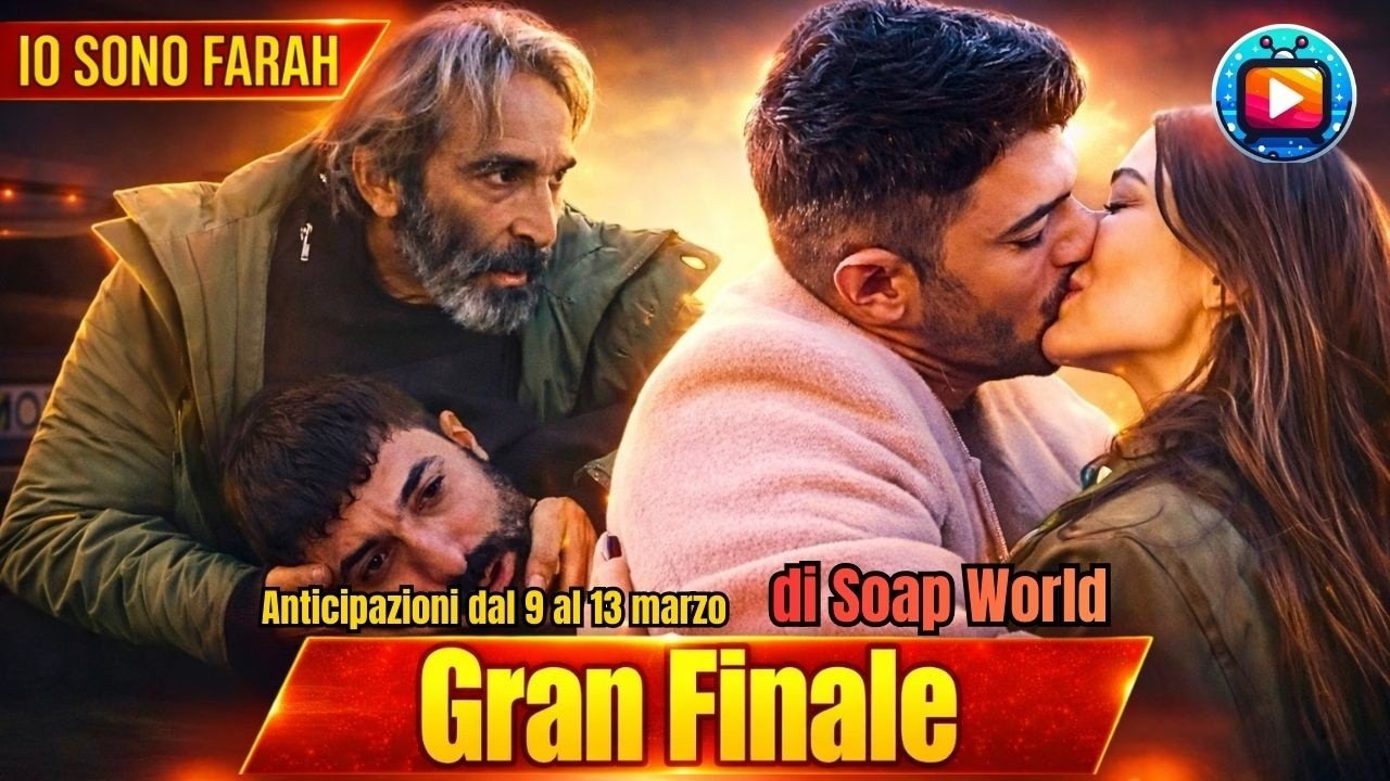 Un uomo dai lunghi capelli grigi e la barba tiene fra le braccia un uomo ferito steso a terra; accanto, una coppia si bacia stretta, lui con un cappotto chiaro, lei con una giacca scura, su uno sfondo di fiamme arancioni.