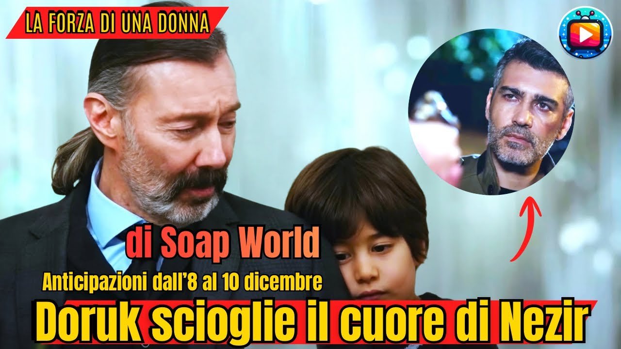 Bambino di spalle in un giardino spoglio davanti a un uomo in cappotto scuro