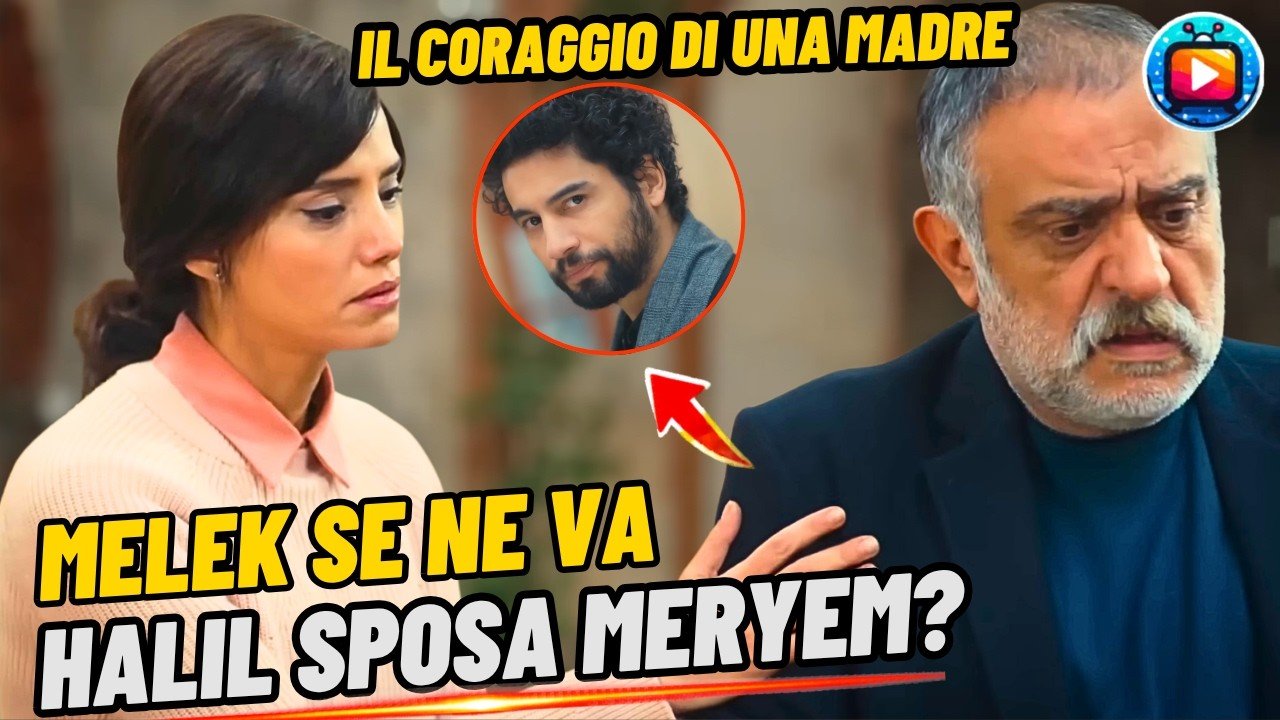 Melek con lo sguardo basso e il viso teso; accanto a lei un uomo anziano dalla barba bianca in giacca scura, la mano alzata e l'espressione contrariata; in un tondo al centro il volto di Halil.