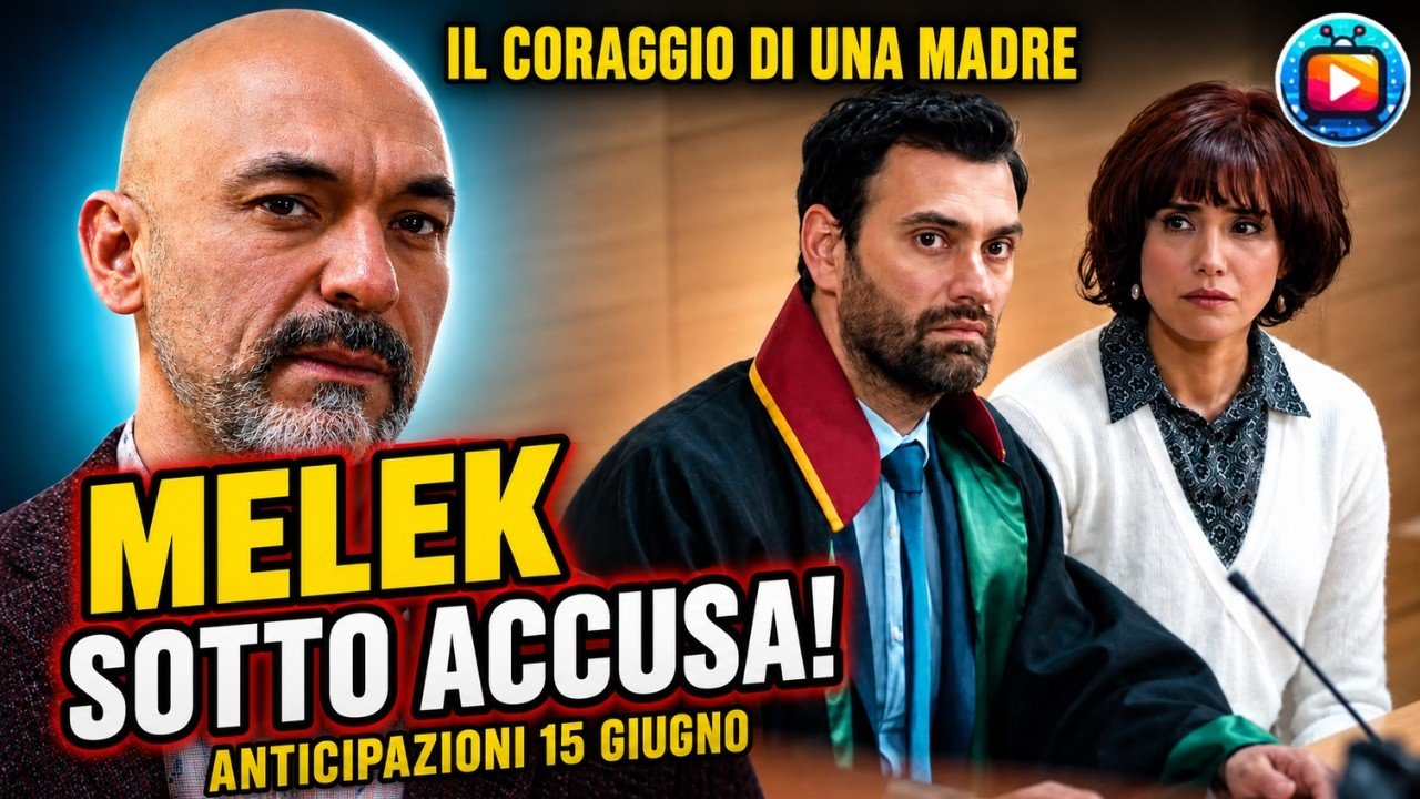 Un uomo calvo con la barba grigia, in primo piano, fissa un punto davanti a se con espressione dura; accanto, in un'aula di tribunale dalle pareti di legno chiaro, un avvocato in toga nera con il bordo rosso e la cravatta blu siede teso davanti a un microfono, mentre alla sua destra una donna dai ca