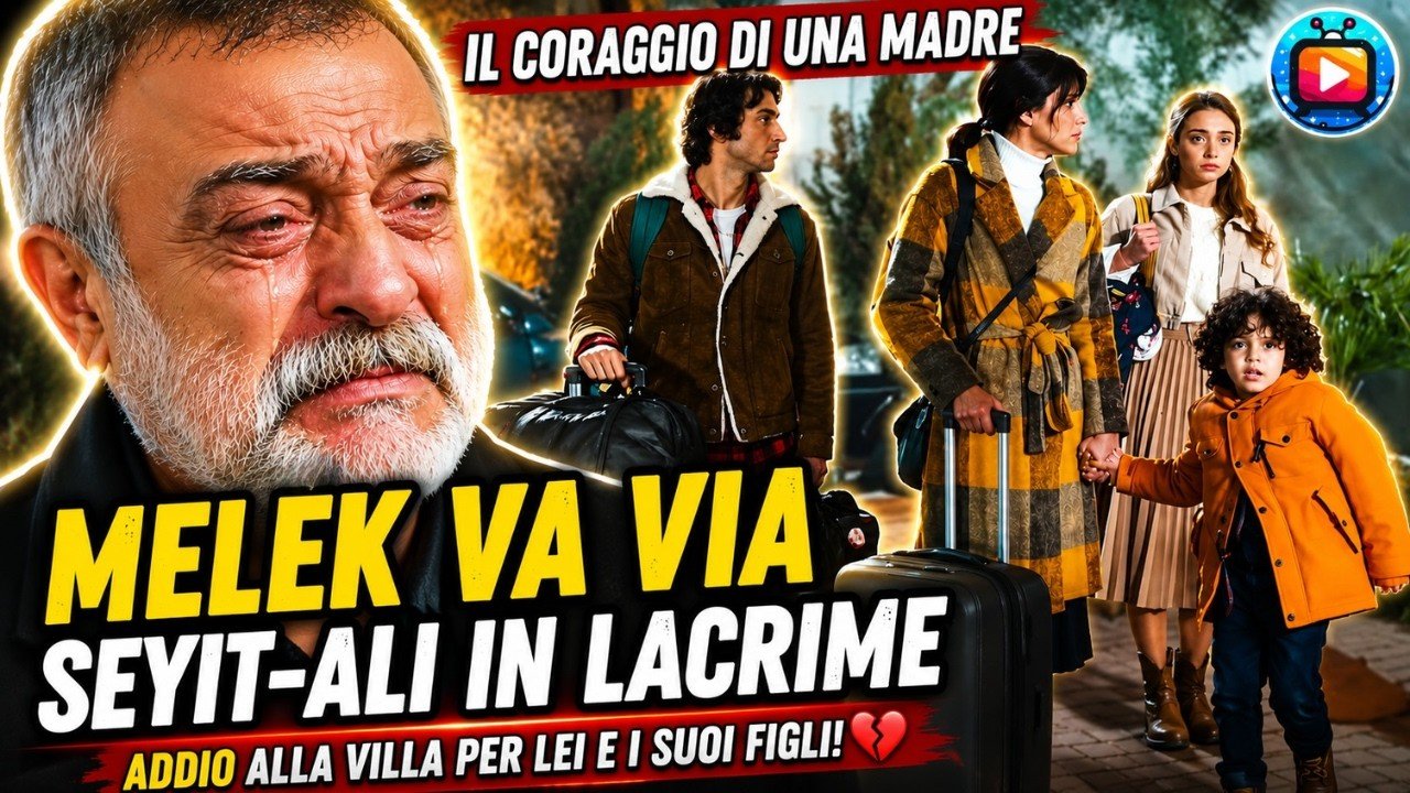 Primo piano di un uomo anziano con barba e baffi bianchi e una lacrima sul viso; accanto, al crepuscolo davanti a una casa, una donna con cappotto giallo a quadri trascina un trolley insieme a un ragazzo con un borsone, una ragazza con lo zaino e un bambino con il giubbotto arancione che le tiene la