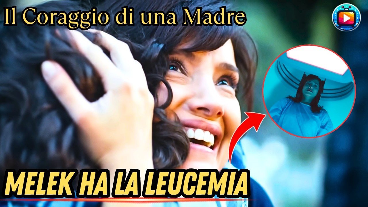 Melek stringe a sé il figlio piccolo all'aperto, il viso sorridente e gli occhi lucidi mentre gli tiene la testa contro la spalla; in un riquadro tondo la stessa donna è distesa in camice ospedaliero sotto il macchinario di una risonanza.