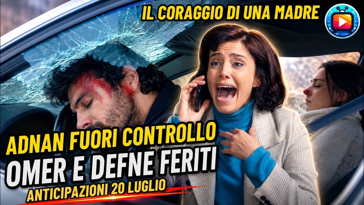 Dentro un'auto incidentata con il parabrezza in frantumi: un ragazzo bruno con una ferita sanguinante sulla fronte riverso sul volante, una donna al centro che urla al telefono con la mano sul petto e, sul sedile accanto, una ragazza svenuta con il sangue al naso