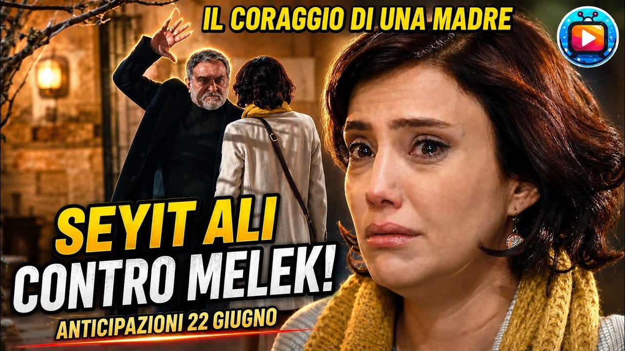 Melek in primo piano con gli occhi pieni di lacrime e una sciarpa gialla; accanto a lei, in una scena notturna davanti a una casa di pietra, un uomo anziano dai capelli grigi alza la mano davanti a una donna ripresa di spalle