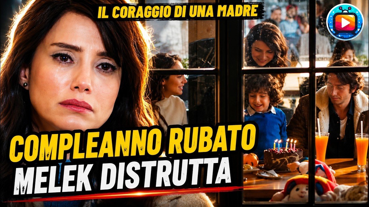 Melek in primo piano con gli occhi lucidi mentre da fuori, attraverso una vetrata, guarda il figlio piccolo che sorride davanti a una torta di compleanno con le candeline accese, seduto al tavolo con Defne e altre persone