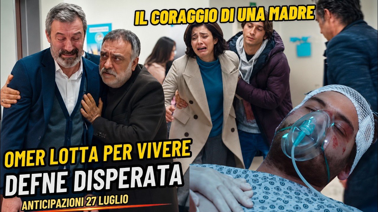 In un corridoio d'ospedale un uomo anziano piange sorretto da un altro uomo, mentre una donna in cappotto chiaro singhiozza tenuta per un braccio da un ragazzo; a destra un giovane ferito e' disteso su una barella con la maschera dell'ossigeno e la testa fasciata