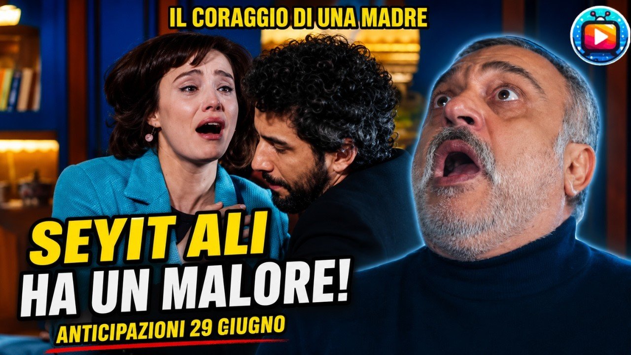 Melek in giacca turchese piange con la mano sul petto sorretta da un uomo dai capelli ricci; accanto, il primo piano di un uomo anziano con la barba bianca e il dolcevita scuro, la bocca aperta e lo sguardo atterrito