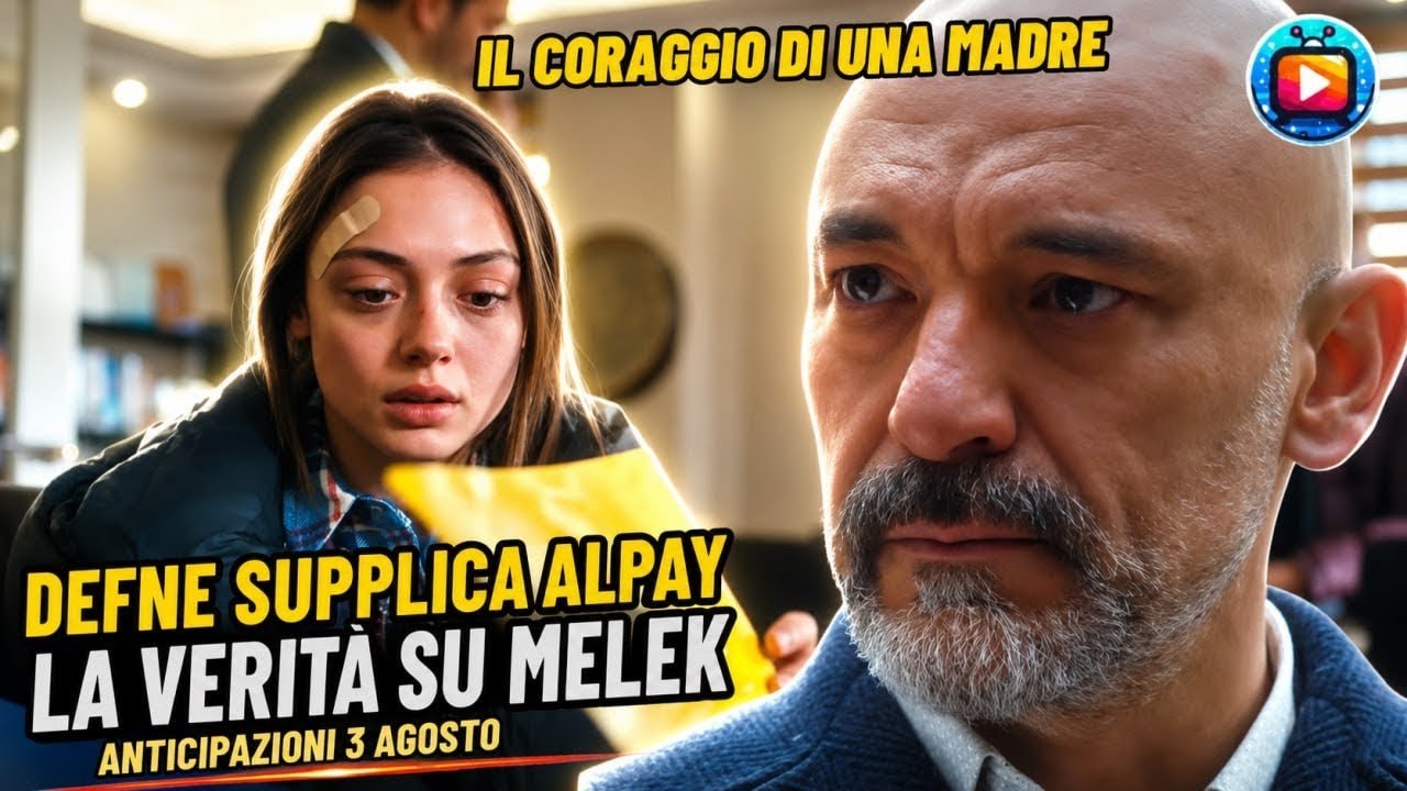 Defne, con un cerotto sulla fronte e gli occhi lucidi, tiene in mano una cartellina gialla; accanto a lei, in primo piano, Alpay in cardigan blu con lo sguardo teso e assente
