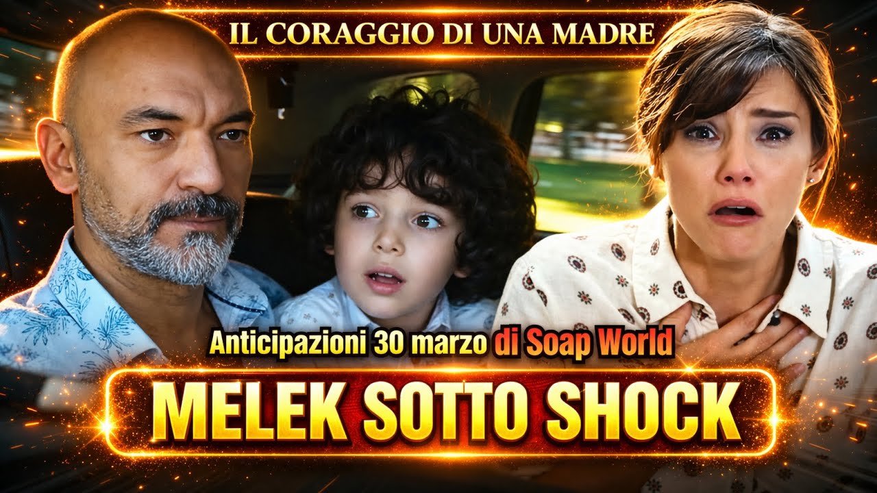Alpay con lo sguardo duro accanto al figlio piccolo Seyit Ali, riccio e spaventato, seduto nell'abitacolo di un'auto in corsa; a destra Melek in lacrime con la mano sul petto