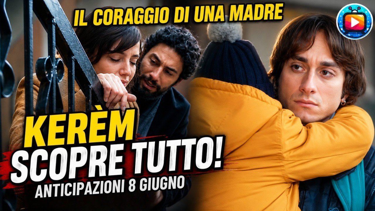 Una donna dai capelli scuri si aggrappa a una ringhiera con gli occhi chiusi mentre un uomo barbuto la sorregge; accanto, un ragazzo dai capelli lunghi abbraccia una persona con giaccone giallo e berretto di lana e guarda davanti a se con aria preoccupata