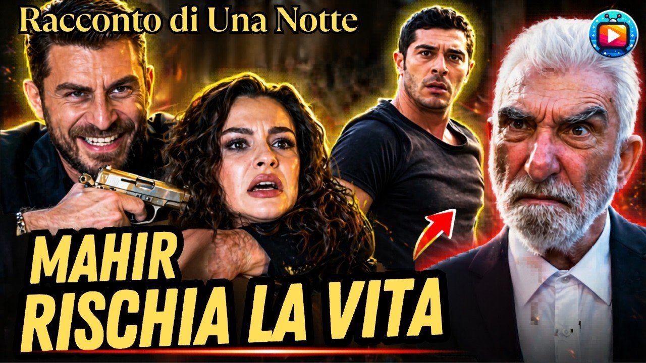 Un uomo con la barba stringe una pistola e blocca per il collo una giovane donna dai capelli ricci che grida spaventata; dietro di loro un uomo in maglietta scura corre con lo sguardo allarmato, mentre a destra un anziano dai capelli bianchi in giacca e cravatta osserva la scena con espressione dura
