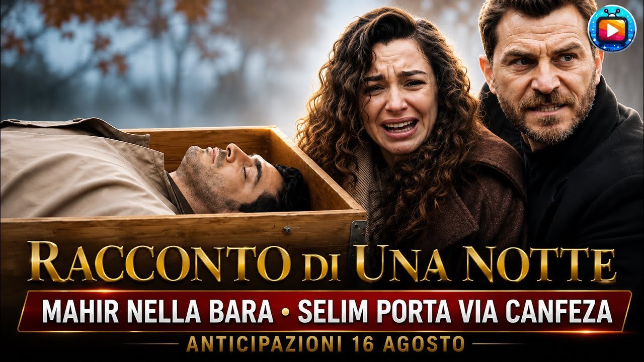 Un uomo disteso a occhi chiusi dentro una bara di legno aperta in un bosco nella nebbia; dietro di lui una giovane donna dai lunghi capelli ricci piange disperata e un uomo con la barba, in cappotto scuro, guarda avanti con sguardo duro.