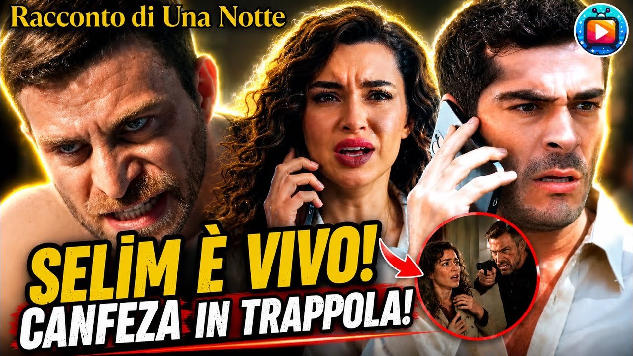 Selim ferito e con il volto contratto dalla rabbia, Canfeza al telefono con gli occhi lucidi e Mahir che risponde alla chiamata con espressione allarmata; in un tondo, una donna spaventata davanti a un uomo armato