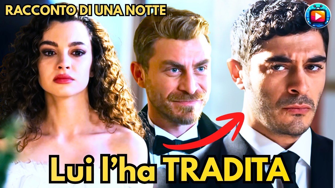 Canfeza in abito da sposa bianco con gli occhi lucidi, accanto a Selim in smoking che sorride appena e a Mahir in giacca scura con lo sguardo teso, in tre riquadri affiancati