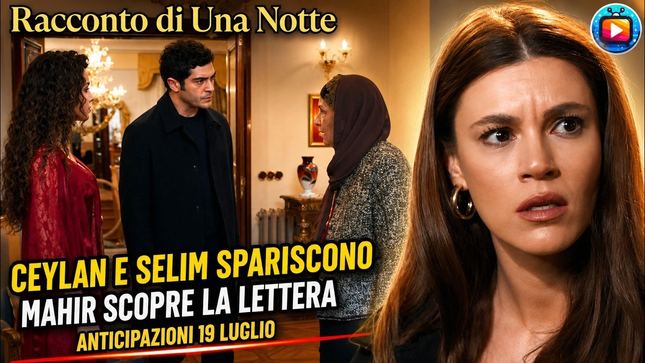 Canfeza in abito rosso e Mahir in cappotto scuro di fronte ad Afet, con il velo in testa, nel salone della villa; accanto il primo piano di Canfeza con lo sguardo teso