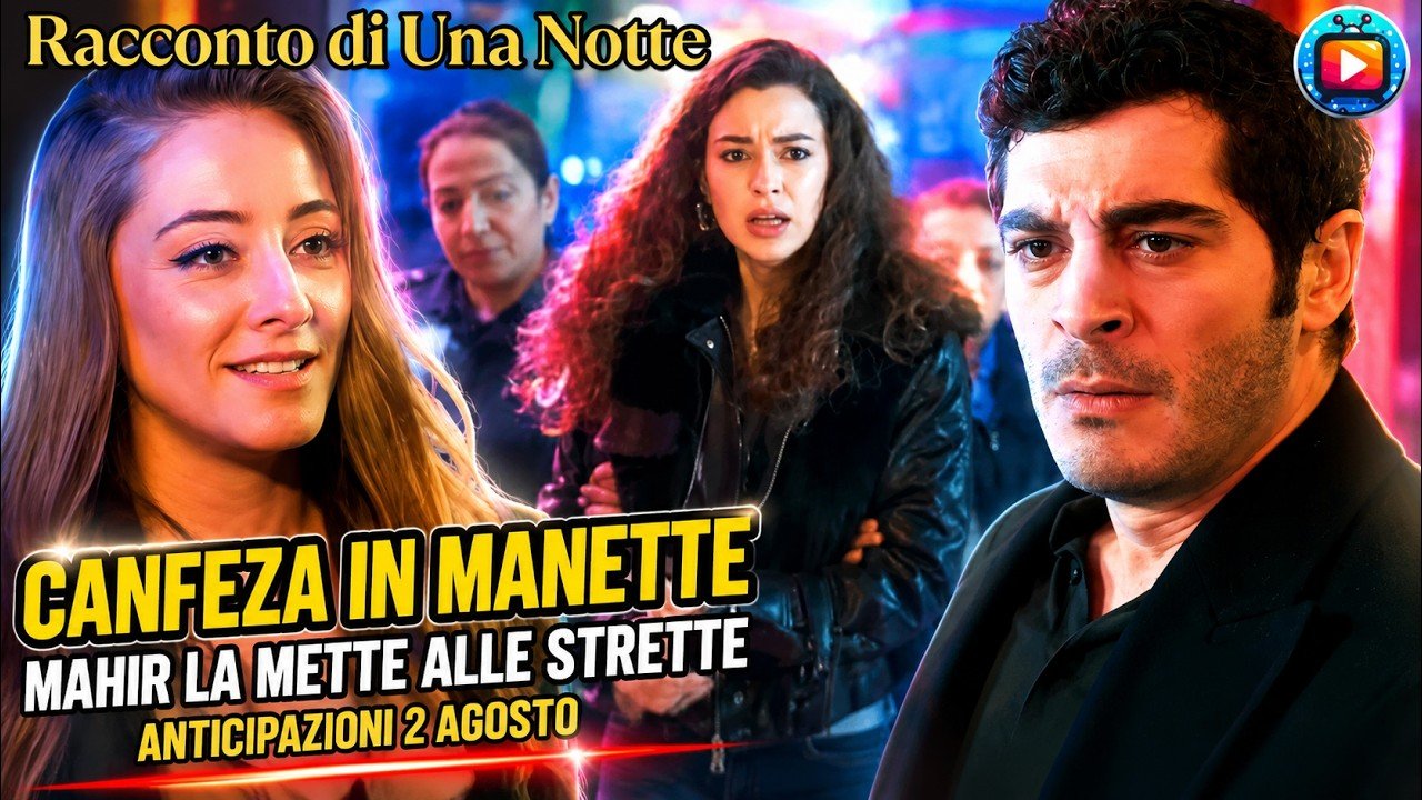 Una donna bionda sorride soddisfatta a sinistra; al centro Canfeza, con i capelli ricci e lo sguardo allarmato, e' circondata da agenti in un locale illuminato al neon; a destra Mahir in giacca scura, teso e furioso.