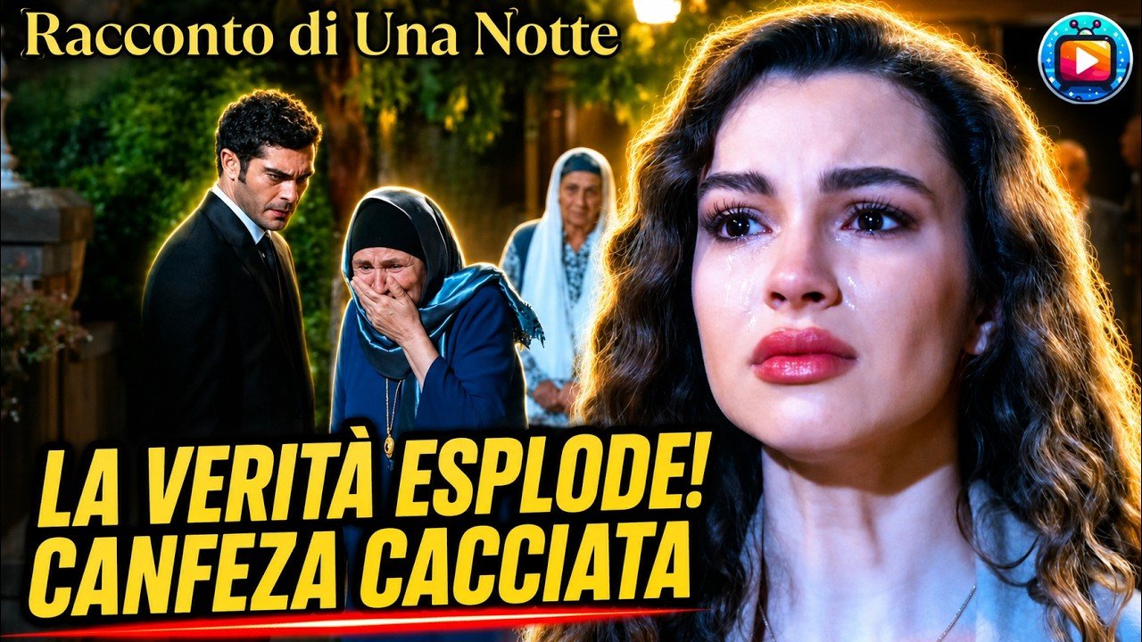 Primo piano di Canfeza in lacrime; alle sue spalle, nel giardino illuminato della villa, Mahir in smoking e due donne anziane con il velo, una delle quali si copre la bocca con la mano