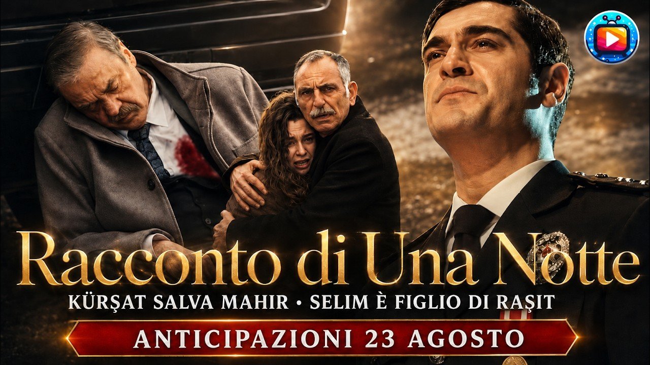 Un uomo anziano riverso a terra accanto a un'auto, con una macchia di sangue sul petto; poco dietro una giovane donna dai capelli ricci piange stretta fra le braccia di un uomo coi baffi; a destra, in primo piano, un ufficiale in divisa scura guarda davanti a sé