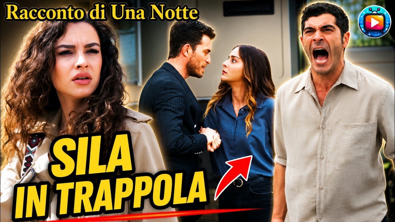 Canfeza con lo sguardo teso in primo piano, dietro di lei un uomo in abito scuro che trattiene Sila per il polso mentre lei lo guarda allarmata, e Mahir che grida davanti alla villa