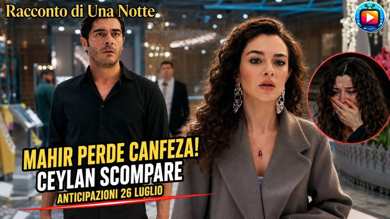 Canfeza in primo piano con un cappotto grigio e lo sguardo teso, alle sue spalle Mahir in camicia nera in un ampio interno illuminato; in un riquadro tondo una donna in lacrime che si copre la bocca con la mano