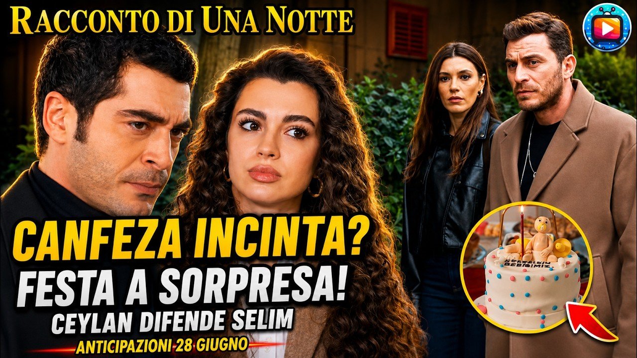 Mahir in maglione nero e Canfeza con i capelli ricci, tesi e vicinissimi in primo piano davanti al giardino della villa; alle loro spalle una ragazza in giubbotto di pelle accanto a Selim in cappotto cammello; in basso un dettaglio di una torta bianca decorata con un neonato di zucchero e candeline