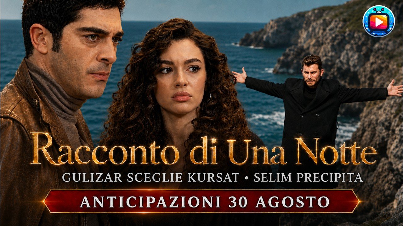 A sinistra un uomo con baffi e barba corta, in giubbotto di pelle chiaro, guarda fuori campo con la fronte corrugata; al centro una giovane donna dai lunghi capelli ricci castani, lo sguardo teso; dietro di loro il mare azzurro e una scogliera rocciosa, e a destra un uomo in cappotto nero in piedi s
