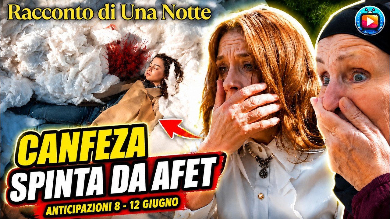 Una giovane donna riversa immobile su un cumulo di cotone bianco, con una macchia di sangue accanto alla testa; accanto, due donne si coprono la bocca con la mano, sconvolte