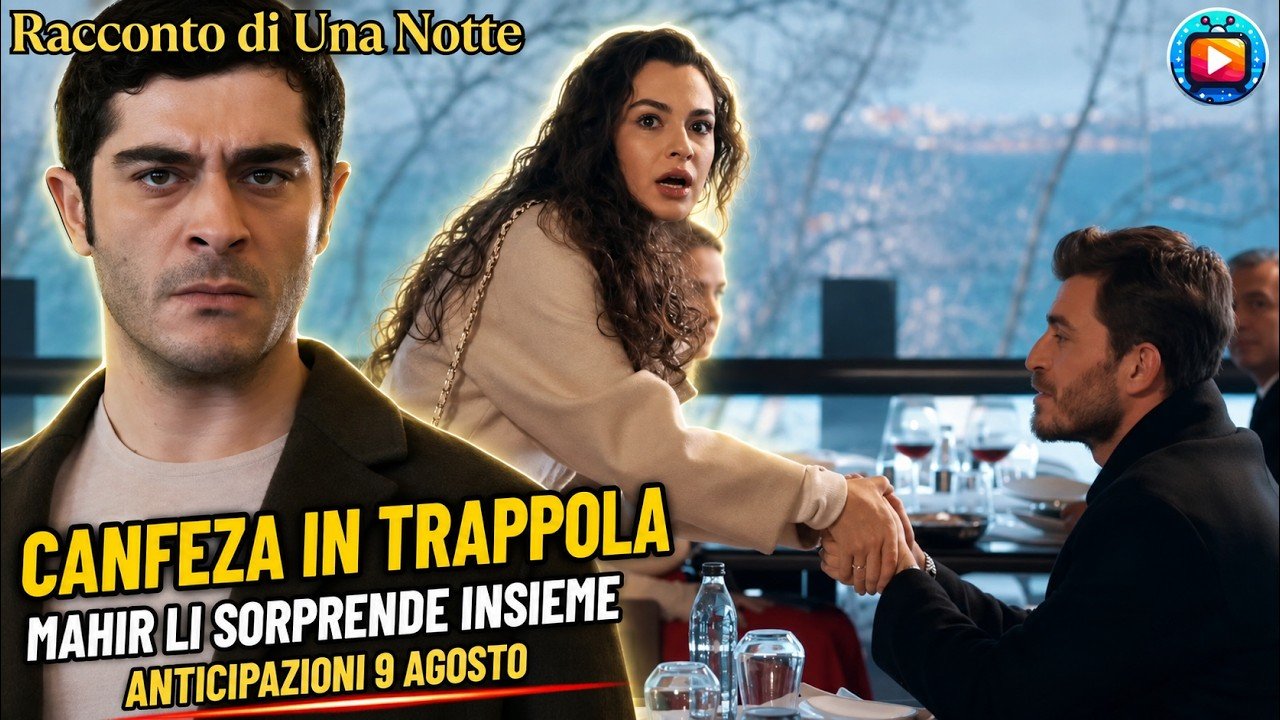 Mahir in primo piano con lo sguardo teso; sullo sfondo, al tavolo di un ristorante affacciato sul mare, Canfeza in piedi e allarmata mentre un uomo seduto le trattiene la mano