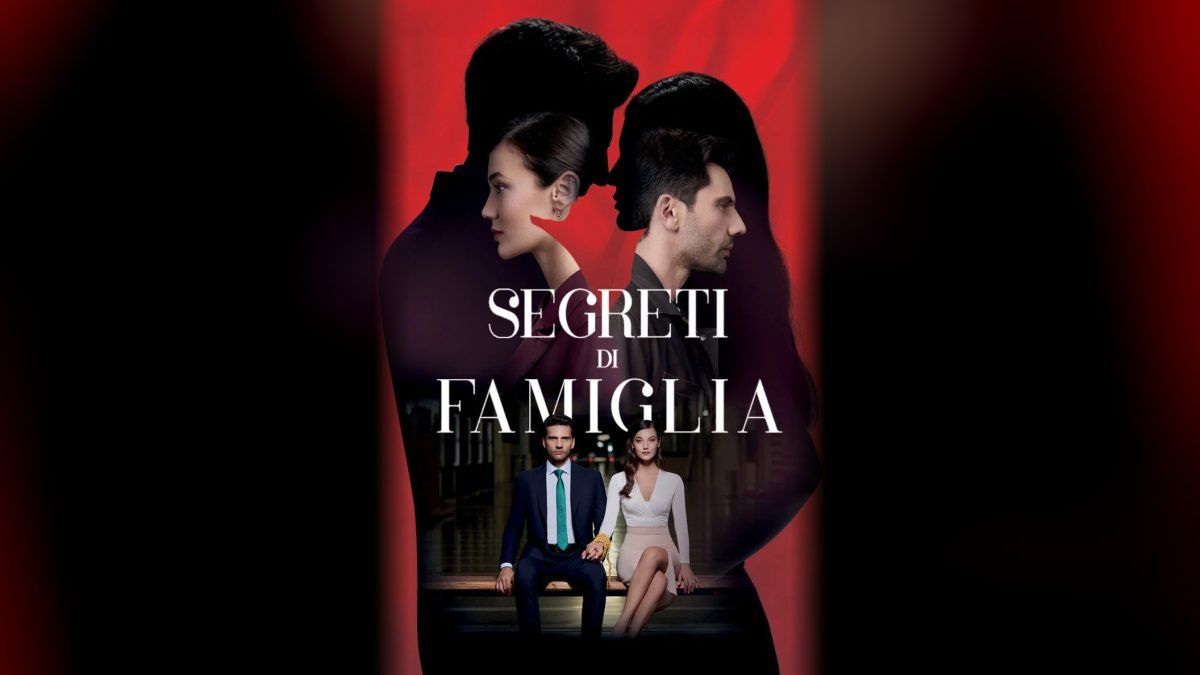 Locandina di Segreti di famiglia: due volti di profilo su fondo rosso e, in basso, la coppia seduta su una panchina di tribunale