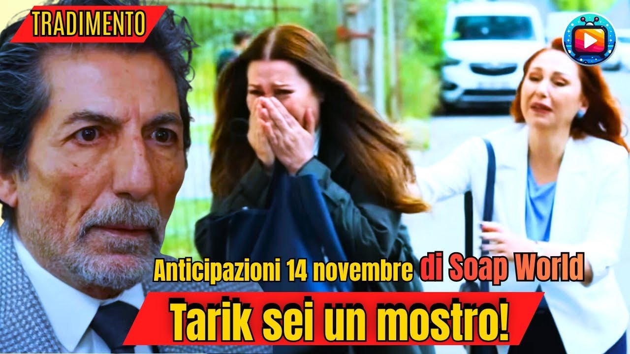 Primo piano di un uomo anziano in giacca grigia, camicia bianca e cravatta scura, con barba brizzolata e sguardo preoccupato; accanto, in una strada con auto parcheggiate, una giovane donna dai lunghi capelli castani piange coprendosi la bocca con le mani mentre una donna dai capelli rossi in giacca