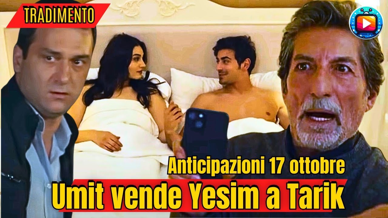 Una donna dai lunghi capelli scuri e un giovane a torso nudo nel letto di una camera d'albergo; a sinistra un uomo in giacca scura con lo sguardo sconvolto, a destra un uomo anziano con barba e baffi grigi che stringe un telefono.