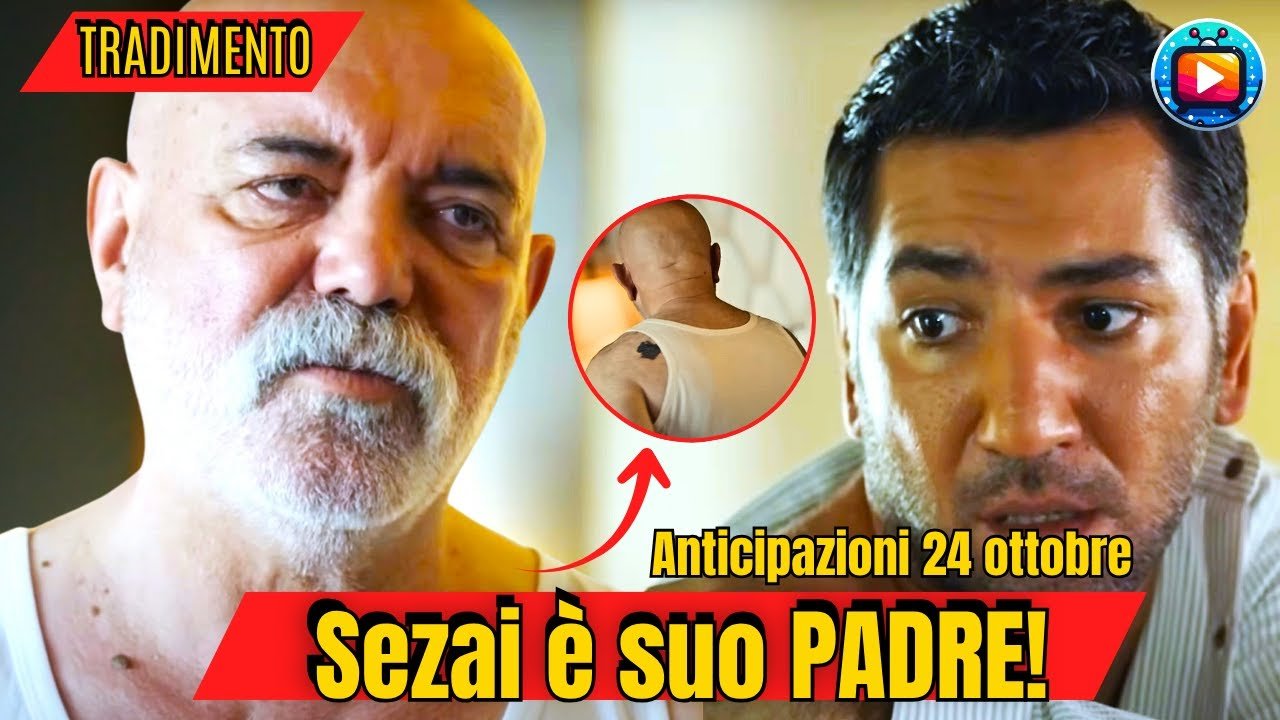Sezai in canottiera bianca con lo sguardo basso, un dettaglio ingrandito della voglia scura sulla sua spalla e Kahraman che osserva sbigottito