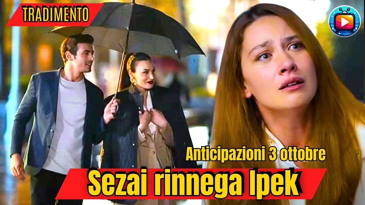 Un uomo e una donna camminano sorridenti sotto un ombrello in una strada bagnata dalla pioggia, di sera; accanto, il primo piano di una giovane donna dai capelli lunghi e chiari con gli occhi lucidi.