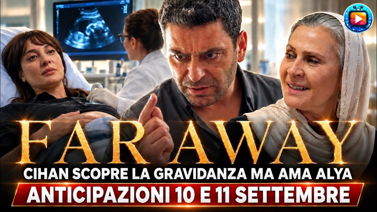Composizione: a sinistra una donna distesa su un lettino durante un'ecografia, con il monitor acceso alle spalle e la mano guantata di una dottoressa sull'addome; al centro un uomo con la camicia scura e lo sguardo severo che alza l'indice; a destra una donna anziana con il velo chiaro che sorride s