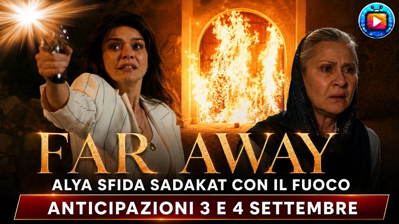 Composizione: una donna con la giacca chiara spara un colpo in aria davanti a un portone ad arco avvolto dalle fiamme; sulla destra una donna anziana con il velo scuro ha una lacrima sul viso