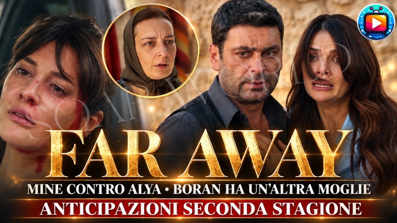 Locandina disegnata: a sinistra una donna con la frangia e il volto ferito, segnato dal sangue; al centro, dentro un cerchio, una donna con il capo coperto da un velo; a destra un uomo con la barba e una donna in lacrime stretti l'uno all'altra. Sotto, la scritta «Far Away - Mine contro Alya, Boran