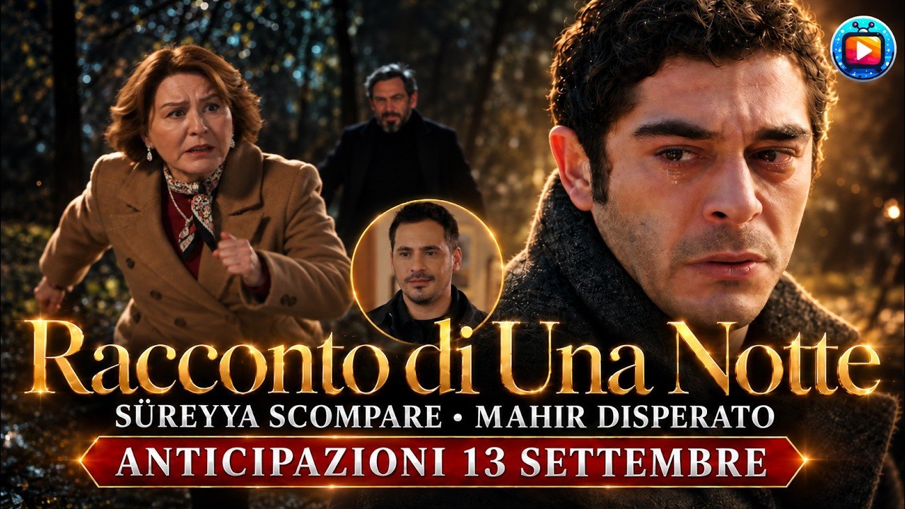 Composizione notturna in un bosco: a sinistra una donna anziana con il cappotto cammello corre voltandosi indietro, dietro di lei la sagoma scura di un uomo in cappotto; al centro, in un tondo, il volto di un uomo con la giacca nera; a destra il primo piano di un uomo con i capelli ricci e una lacri