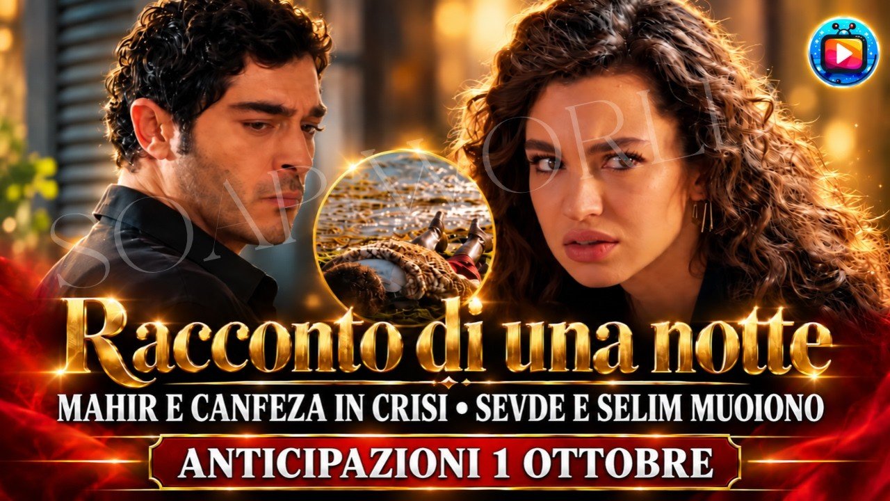 Locandina disegnata: a sinistra un uomo con i capelli ricci scuri e la camicia nera, lo sguardo abbassato; a destra una donna con lunghi capelli ricci che fissa l'obiettivo con aria tesa; al centro, dentro un cerchio, una figura distesa sulla riva dell'acqua. Sotto, la scritta «Racconto di una notte