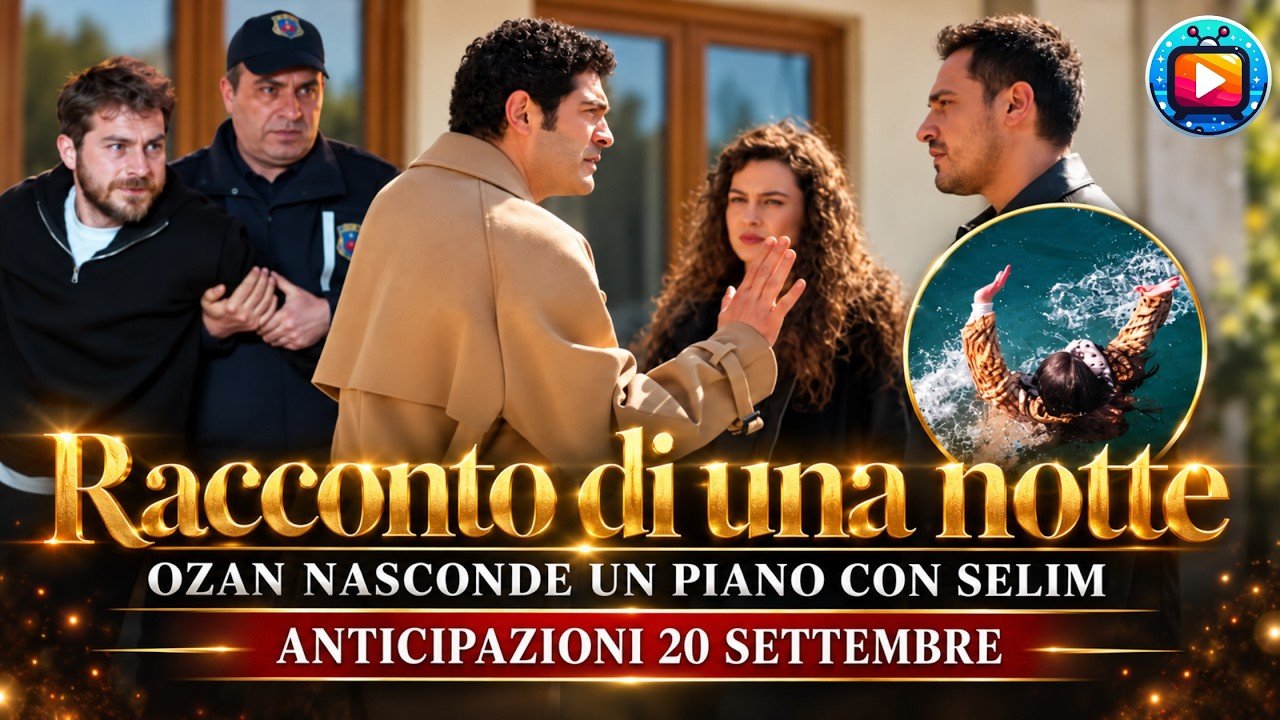 Composizione: davanti a una villa un uomo con il cappotto chiaro tende la mano verso un uomo in giacca scura, tra loro una donna con i capelli ricci; sullo sfondo un agente di polizia trattiene un terzo uomo, e in un inserto rotondo a destra una donna cade all'indietro in acqua