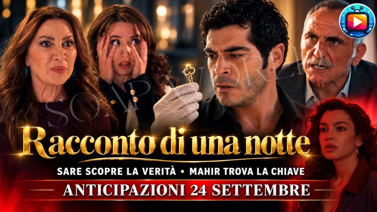 Composizione: a sinistra una donna con i capelli scuri e lo sguardo severo e, accanto a lei, una giovane donna che si porta le mani al viso; al centro un uomo con i capelli ricci osserva una piccola chiave dorata tenuta con un guanto bianco; in alto a destra un uomo anziano con i baffi bianchi e, so